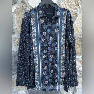 Tommy Bahama Mens Long Sleeve Hawaiian Shirt Sz L Silk Blend Beach Vacation Blue